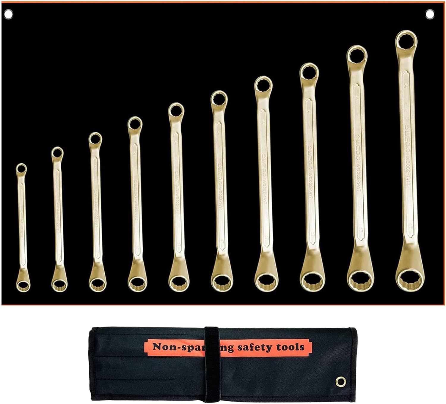 WEDO 13-Piece Non-Sparking Double Box End Wrench Set,Offset Wrench Set with Roll-up Bag,Metric 5.5mm to 32mm,Beryllium Copper,Non-magnetic,Suitable for Petrochemical Industry,Garage,Boat,Car Emergency