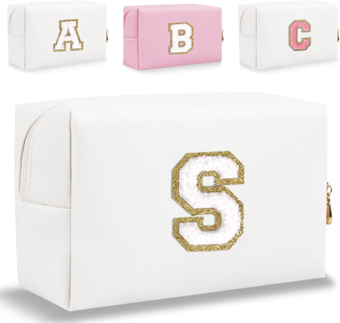 Small Personalized Letter Makeup Bag, Cute PU Leather Chenille Letters Cosmetic Bag Travel Makeup Pouch, Preppy Travel Organizer Zipper Pouch for Women&Girls๏ผWhite-S๏ผ