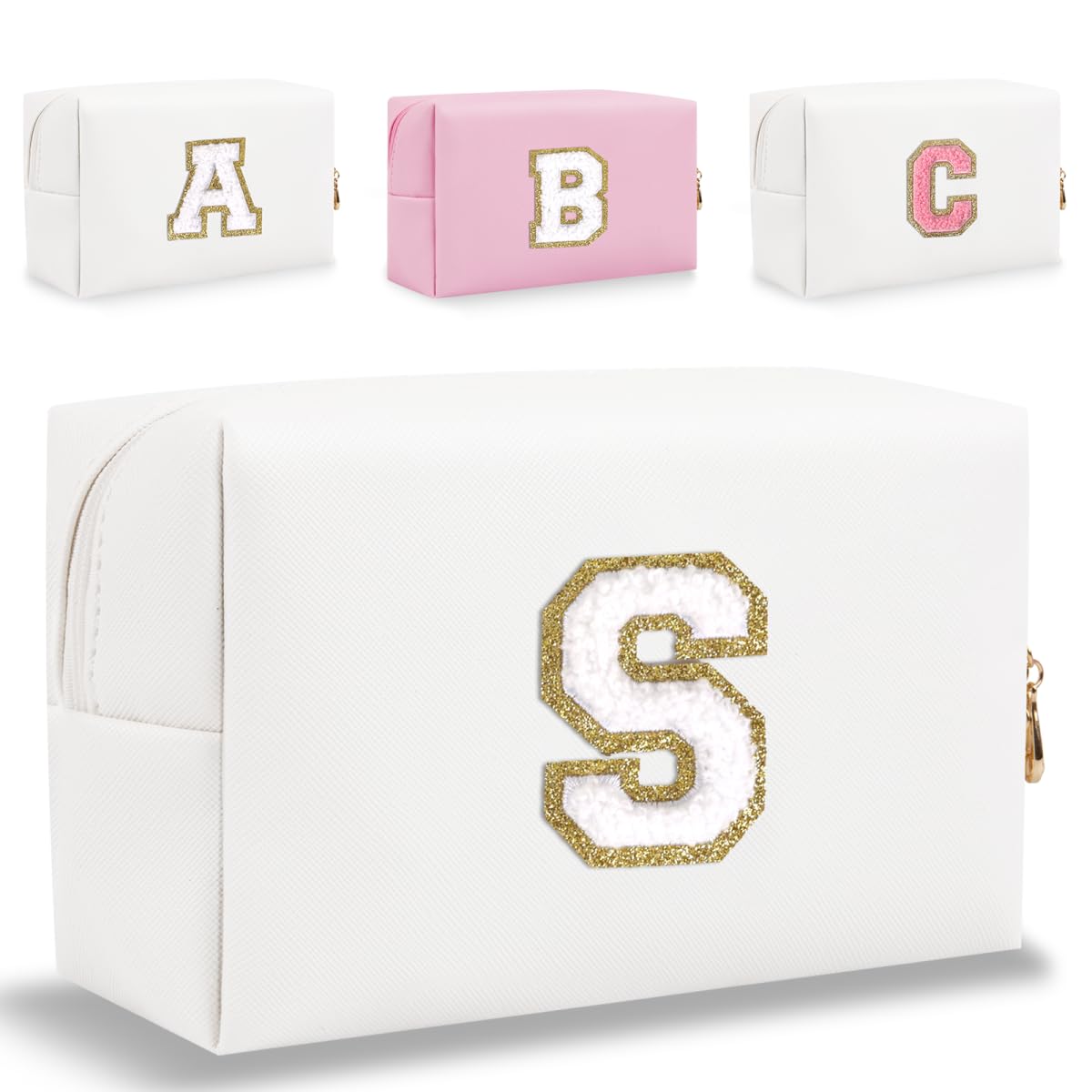 Small Personalized Letter Makeup Bag, Cute PU Leather Chenille Letters Cosmetic Bag Travel Makeup Pouch, Preppy Travel Organizer Zipper Pouch for Women&Girls（White-S）