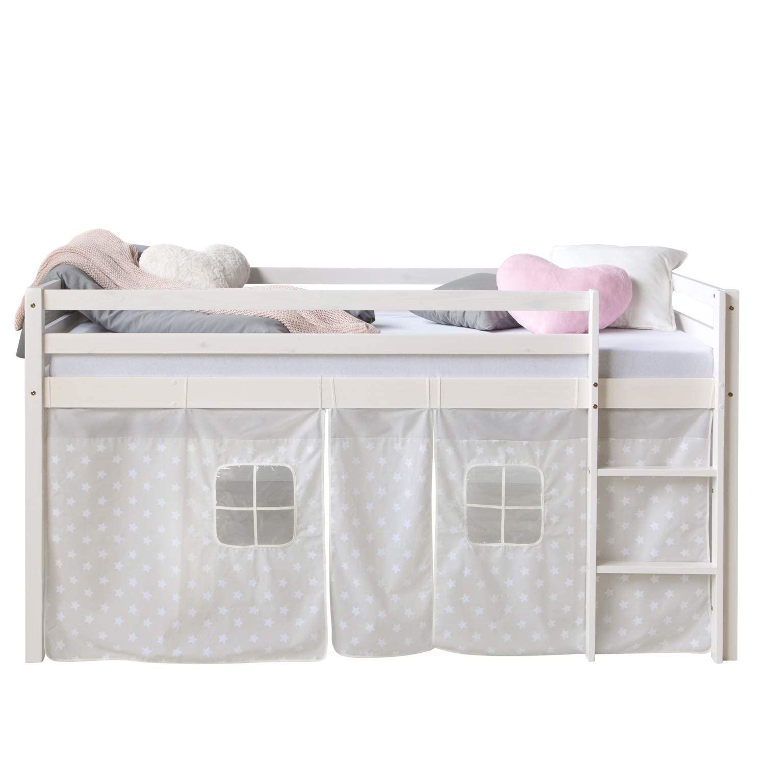 Hochbett 90x200 Weiß mit Treppe – Sternenvorhang, Umrandung und Stauraum, Kiefernholz