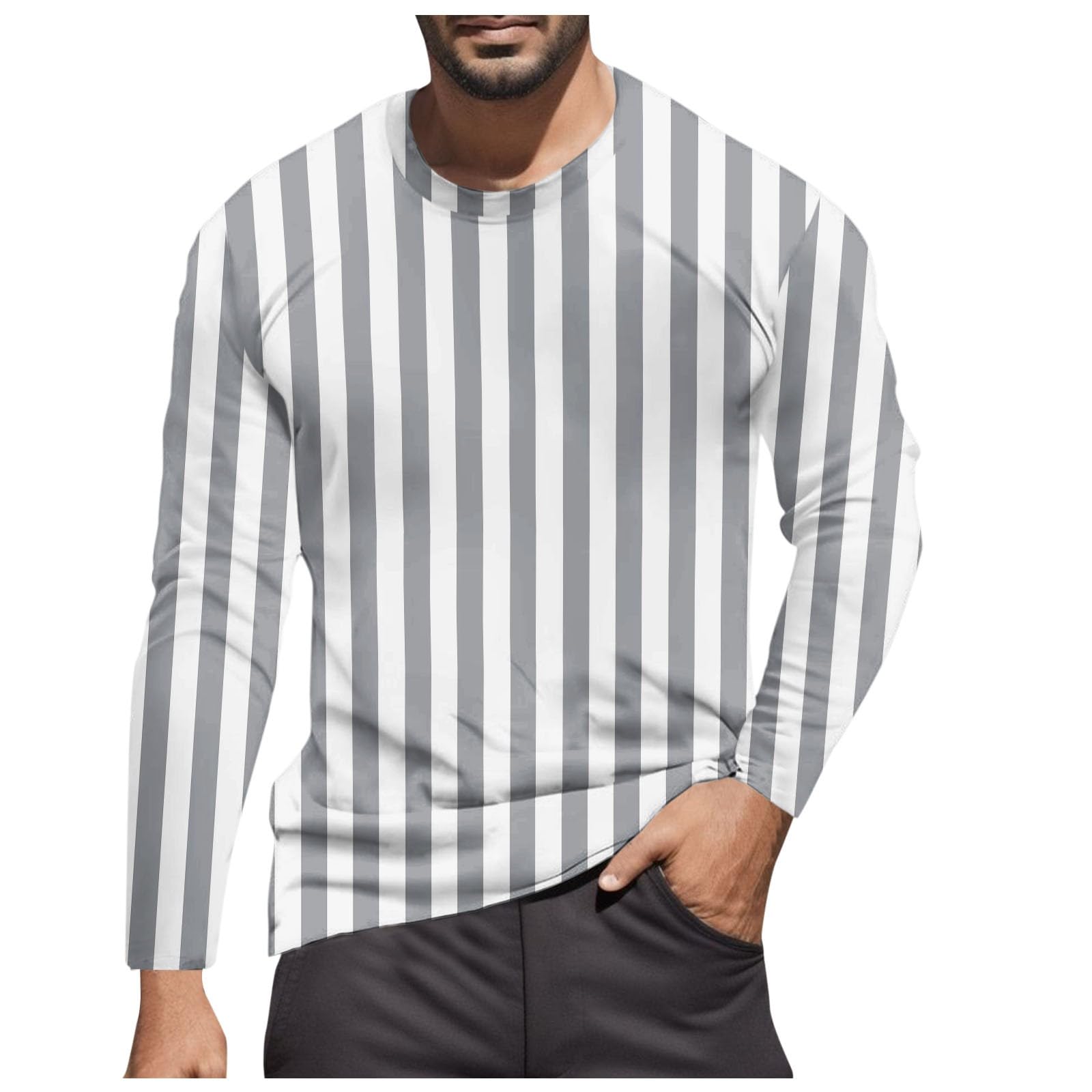 Striped Shirt Men Women Red White Long Sleeve T-Shirt Carnival Long Sleeve T-Shirt Horizontal Stripes Wide Stripes Fine Stripes Crew Neck Leisure Top Striped Shirt Fancy Dress Costumes, Grey-7, 3XL