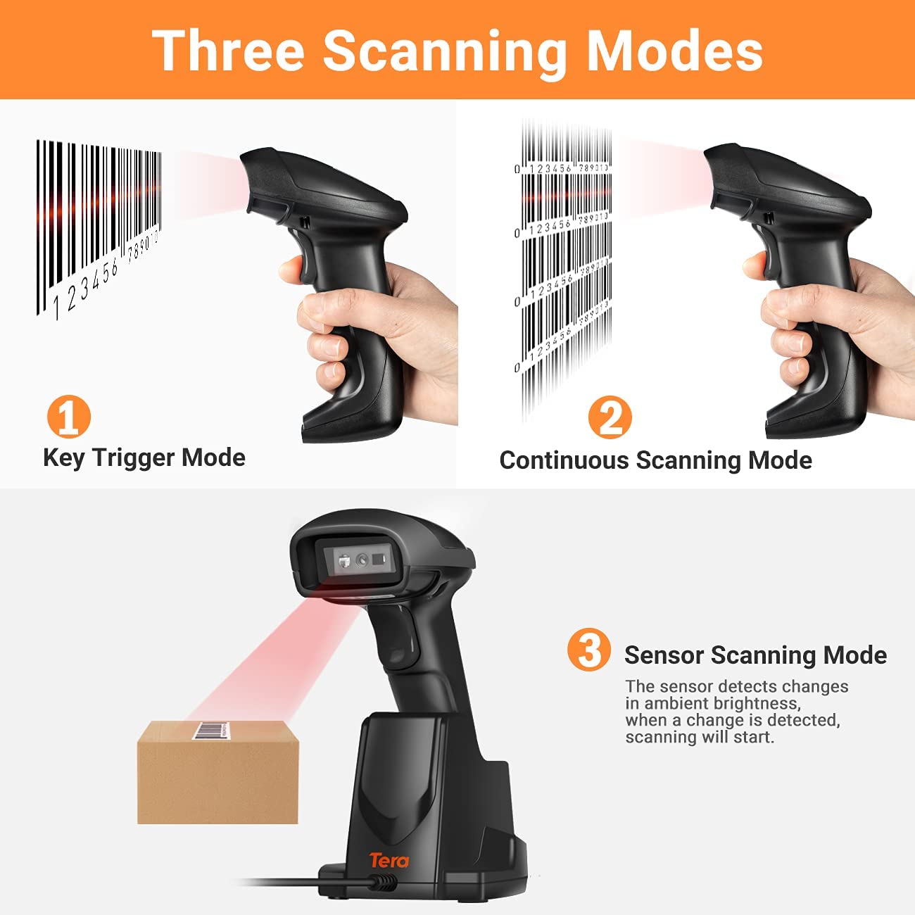 Tera Barcode-Scanner Wireless 2,4 GHz Barcodescanner für 1D 2D QR Barcodes Kabellos Barcode-Lesegerät mit Ladestation, D6100