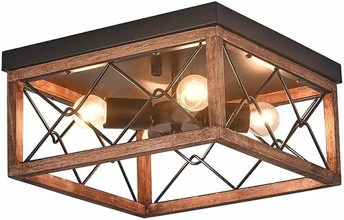 Miniatura 1 de Lámpara rústica de montaje empotrado, 4 luces de metal y madera, lámpara de techo industrial cerca del techo, para pasillo, dormitorio, cocina,