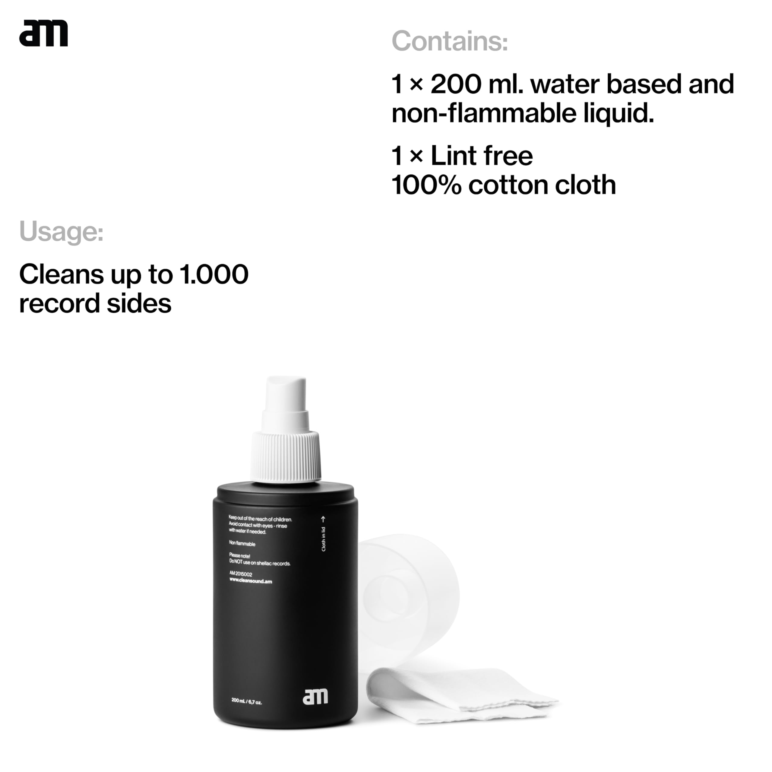 AM Clean Sound Vinyl Record Cleaner (200ml) - płyn do skutecznego czyszczenia płyt - środek czyszczący i antystatyczna ściereczka do delikatnej pielęgnacji płyt winylowych LP