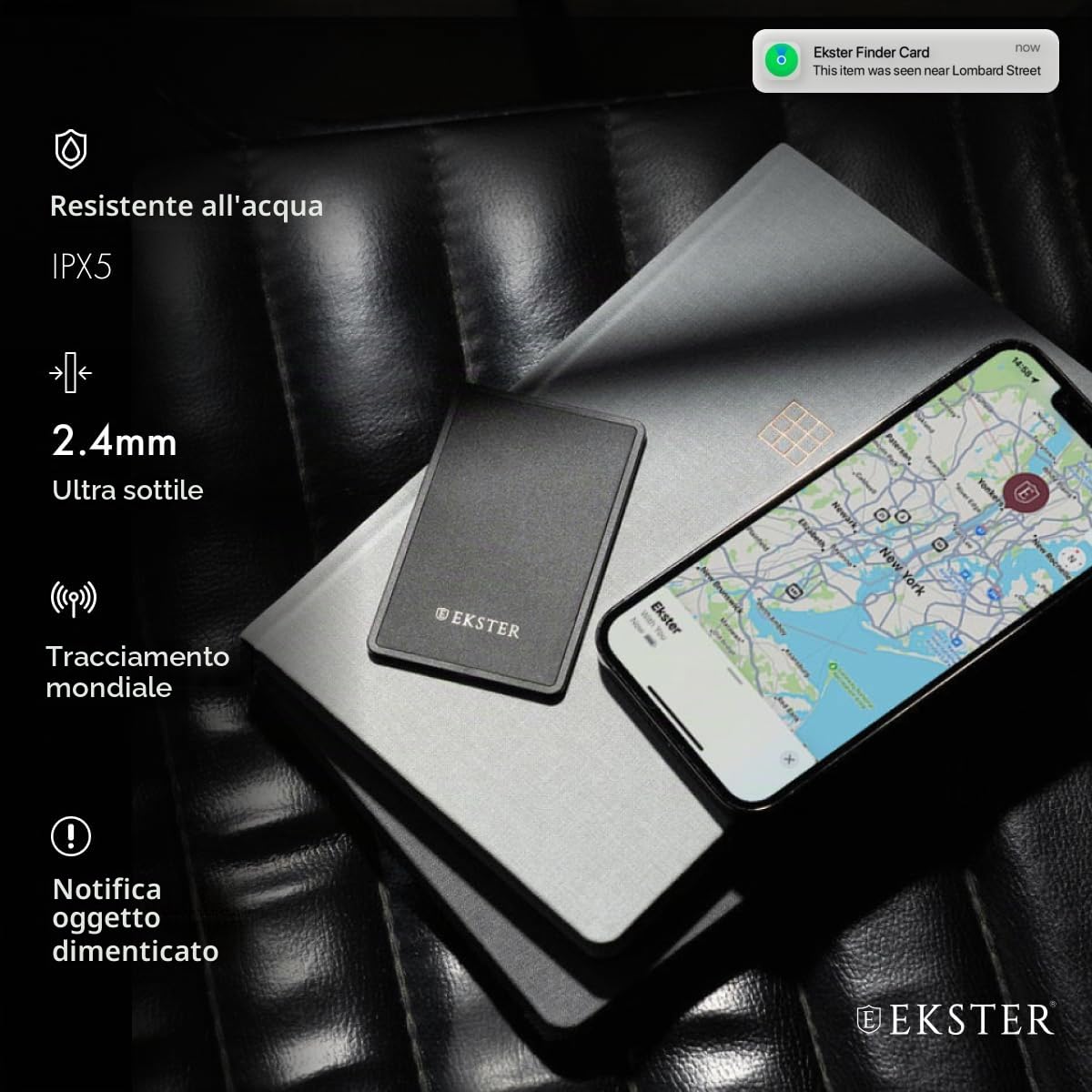 Ekster Finder Card Wallet Finder | Ricaricabile Bluetooth Abilitato GPS Wallet Tracker Card | Batteria a lunga durata Funziona con Apple® Find My & Siri | Card Tracker per portafoglio