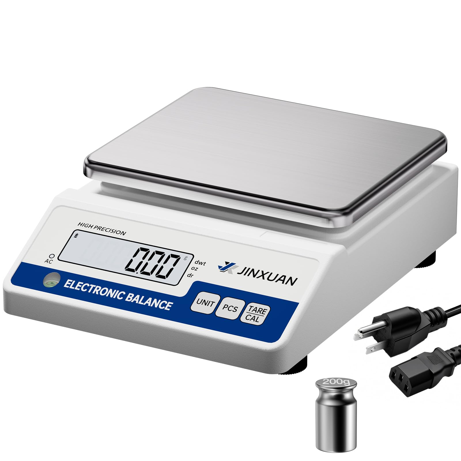 Báscula científica electrónica de alta precisión de 1000/0,01 g, balanza analítica con pantalla LCD de conversión de 7 unidades, pesos de calibración de 200 g y baterías recargables para