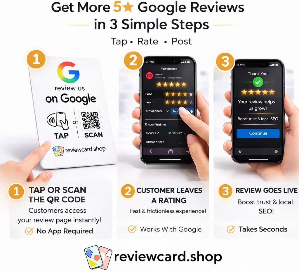 Review Tap Cards (10-Pack) by Review Card - Tap for Instant Reviews - All Phones Compatible - Reusable Smart Tap NFC & QR - Boost Business Reviews - Google Review (10-Pack Google Review Card)