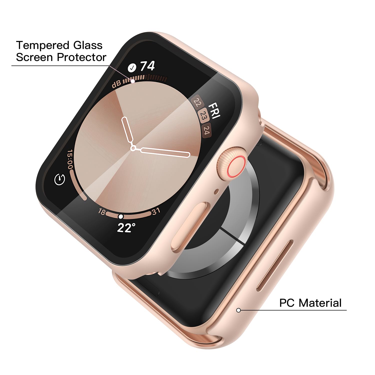 Misxi Schutzhülle aus gehärtetem Glas, kompatibel mit Apple Watch SE 2 (2024), SE Serie 6, Serie 5, Serie 4, 40 mm, harter PC-Displayschutz, ultradünne Abdeckung für iWatch, 2 Stück, 1 Roségold + 1