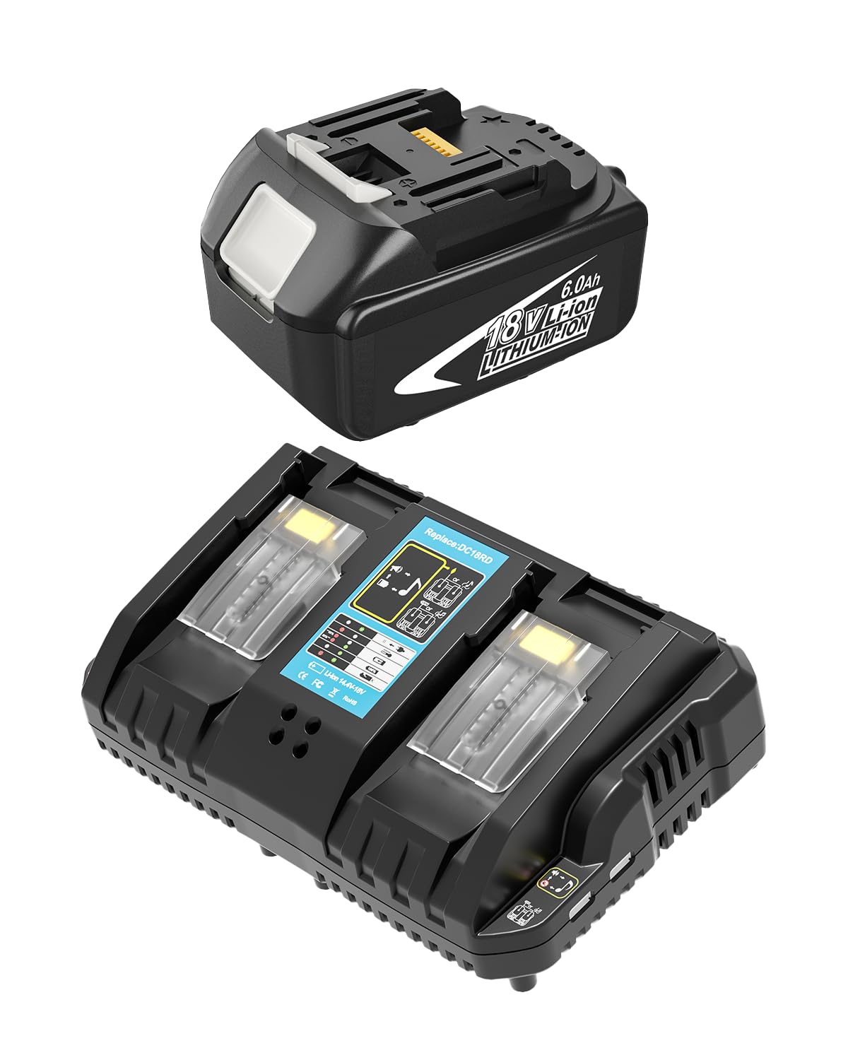 Paquete de 2 baterías y cargador de 6,0 Ah 18 V de repuesto para batería y cargador Makita de 18 V compatibles con baterías de iones de litio de 18 voltios de Makita, herramientas eléctricas