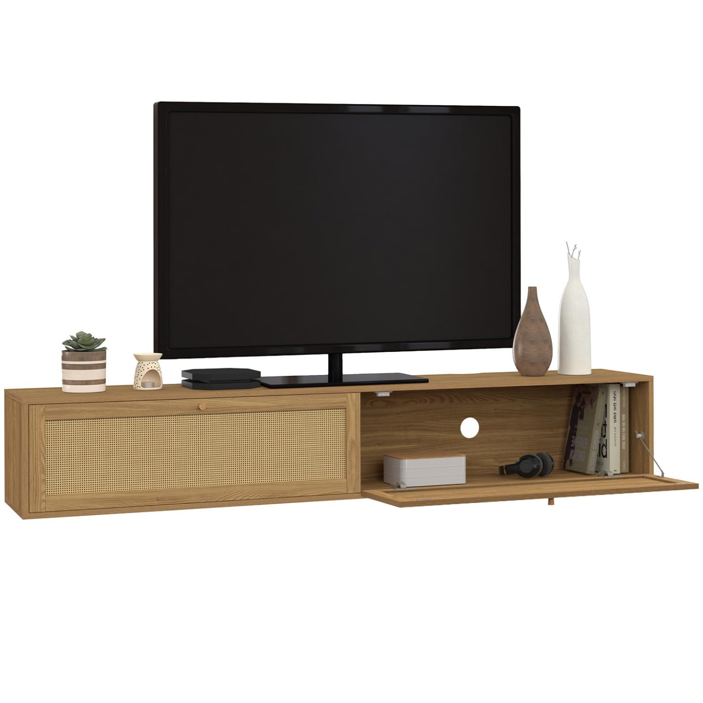 IDMarket - Meuble TV 180 cm Suspendu HANAE 2 Portes Effet Naturel cannage