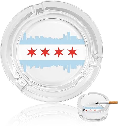 Cenicero de cristal con bandera de la ciudad de Chicago, diámetro de 3.3 pulgadas, placa transparente para cigarrillos para el hogar, oficina, mesa,