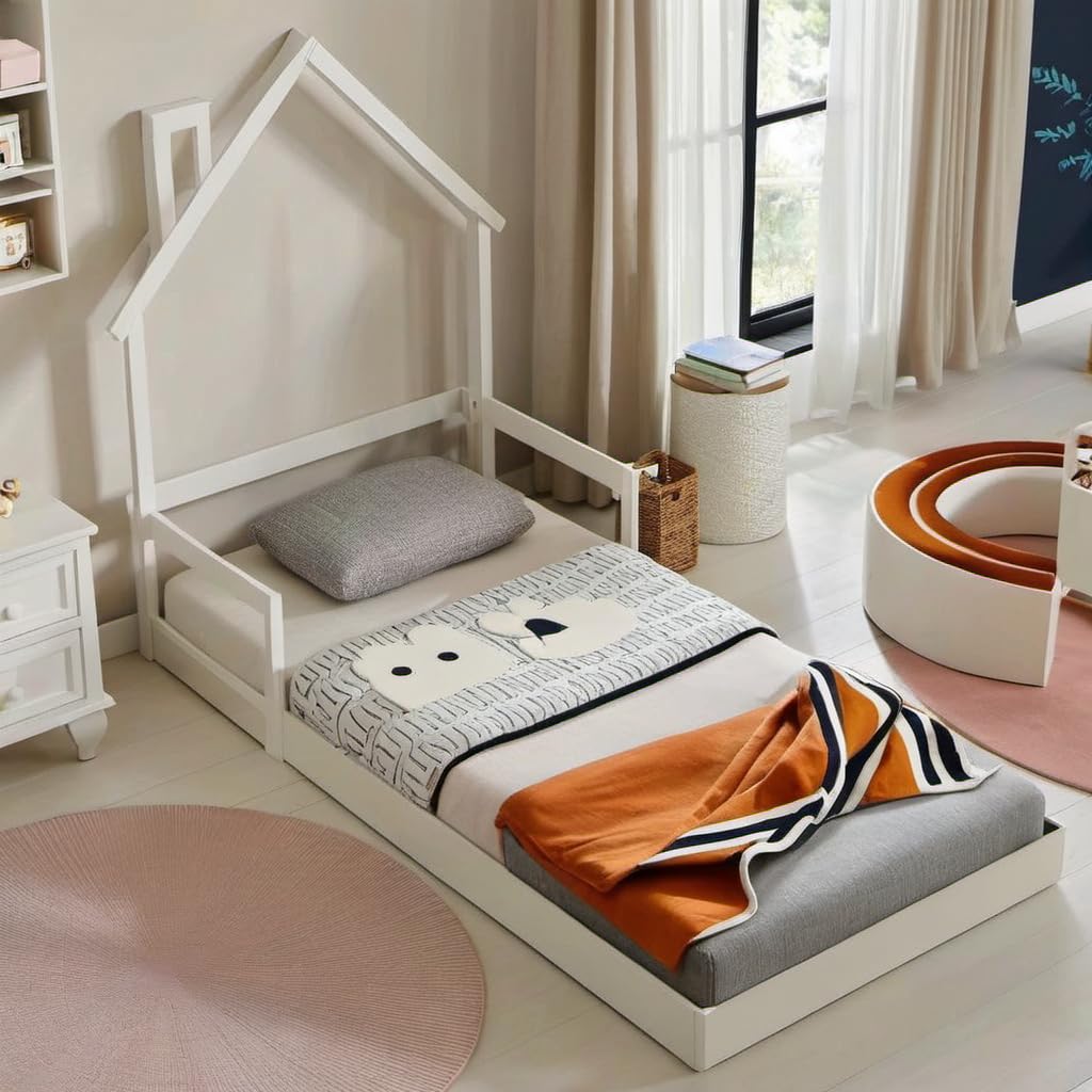 Twin Size House-Shaped Floor Bed With Roof Headboard & Safety Railings – Montessori Low Profile Bed (White)