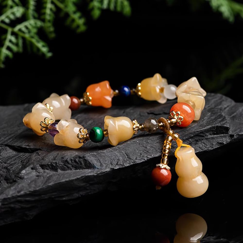 Bracciali, Braccialetti da Donna, Bracciale Feng Shui in Giada Gialla per Donna Bracciale in Filo d'oro Genuino Campana di Giada con Fiore di Orchidea Adatto per 14-16 cm