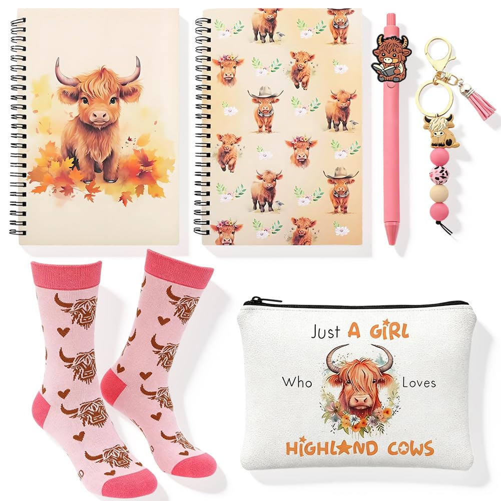 CYGMRFH 6Pcs Highland Cow Gift Set for Women Cow Lover, Highland Cattle Keyring Makeup Bag Cotton Socks, Cows Notebook & Pen Cute Animal Cows Gifts for Birthday Graduation (Rose red)
