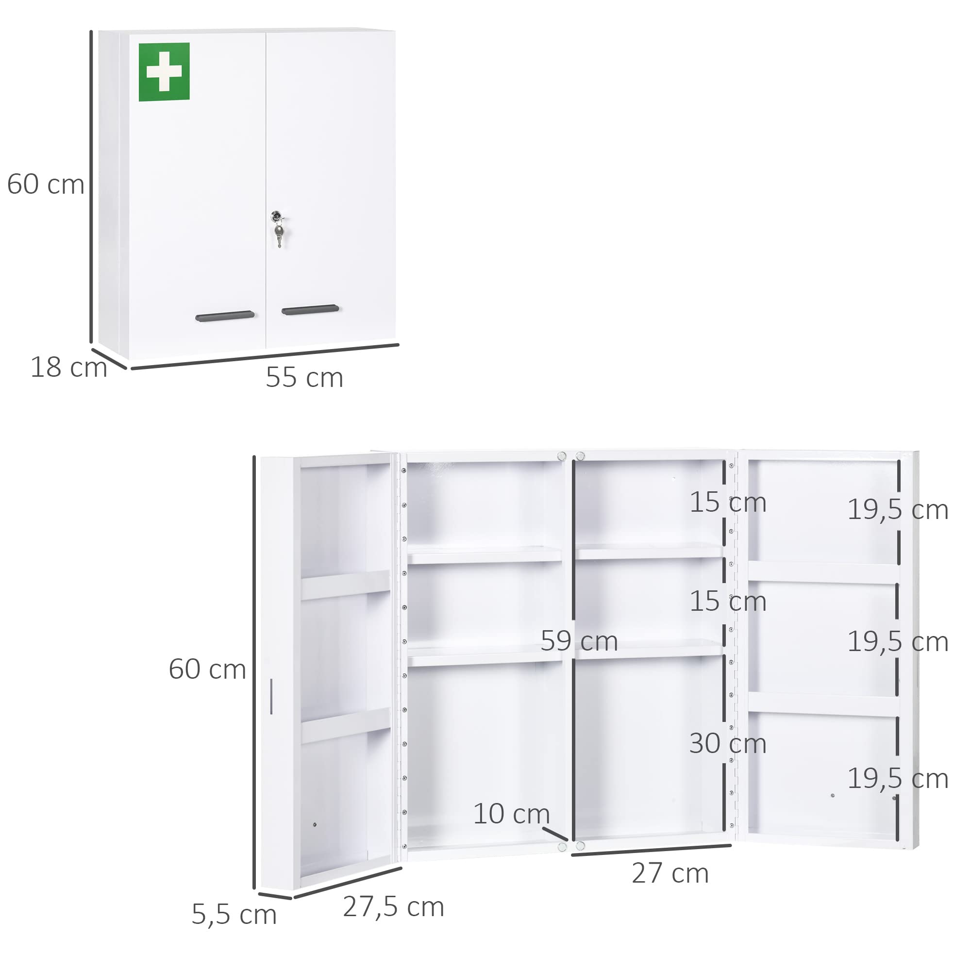 kleankin Armoire à Pharmacie Armoire à médicaments Murale à 6 étagères avec Porte verrouillable 2 clés en Acier pour Salle de Bain, Cuisine, 55 x 18 x 60 cm, Blanc