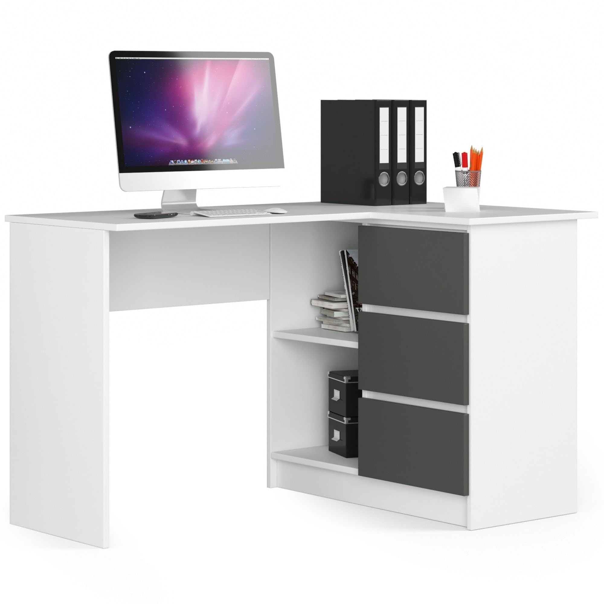 AKORD Bureau d'angle avec 2 étagères et 3 Tiroirs | Table avec Meuble de Rangement intégré et modulable | L124 x H77 x P85 | Fourniture Bureau | Blanc & Graphite Façade