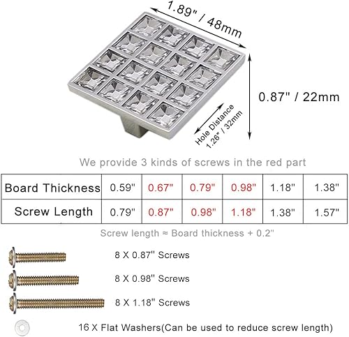 Miniatura 2 de Paquete de 4 pomos cuadrados extra grandes de cristal con diamantes de imitación para gabinete, manijas de cristal brillante para cajones de