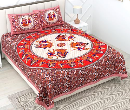 Image of RajasthaniKart Comfort Rajasthani Jaipuri Traditional Sanganeri Print 144 TC Cotton Double Bedsheet with 2 Pillow Covers - King, Round Dandiya (Red, Double)