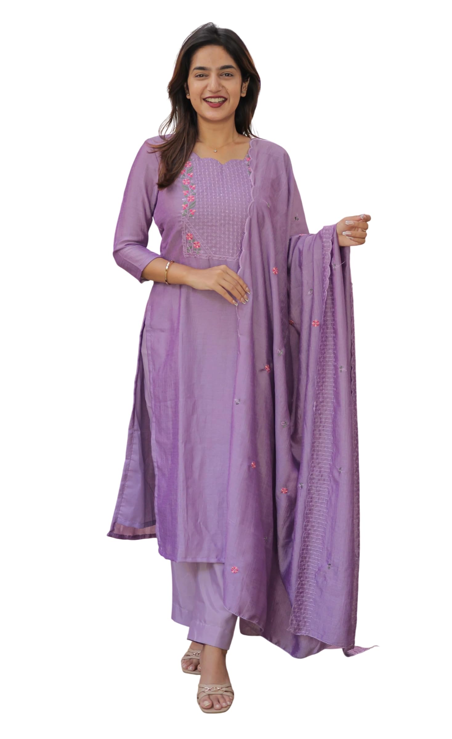 Women's Vertical Cotton Embroidery Work Straight Kurta Pant And Dupatta Vertical Cotton Pant Heavy chanderi Dupatta For Womens-image-22