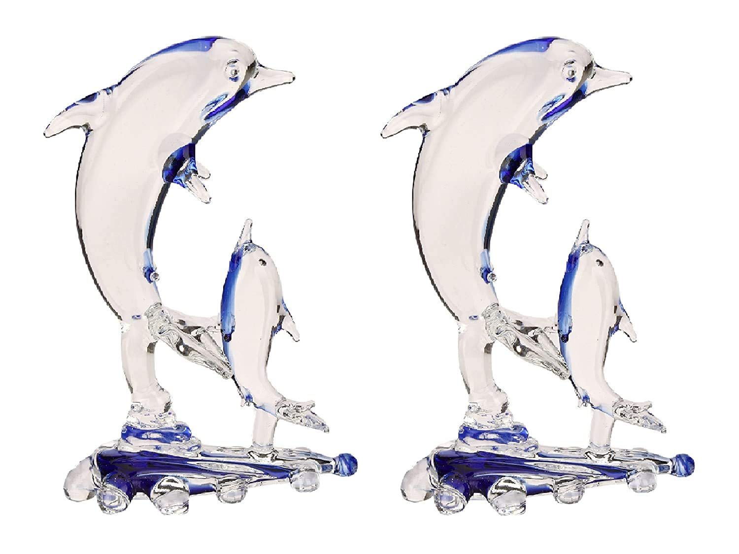 Somil Playing Mother Dolphin with Her Calf Crystal Glass Decorative Gifting Showpiece, Blue, Clear, 8.5 X 5 X 14 Cm, Made by Hand from Expert Artisans
