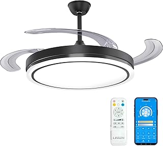 Ventilador de Techo LED con Aspas Retráctiles Control Remoto,66W 2880LM Luz Integrada, Color Blanco CCT 3000-4000-6000K Funcion verano-invierno (Negro Liso)