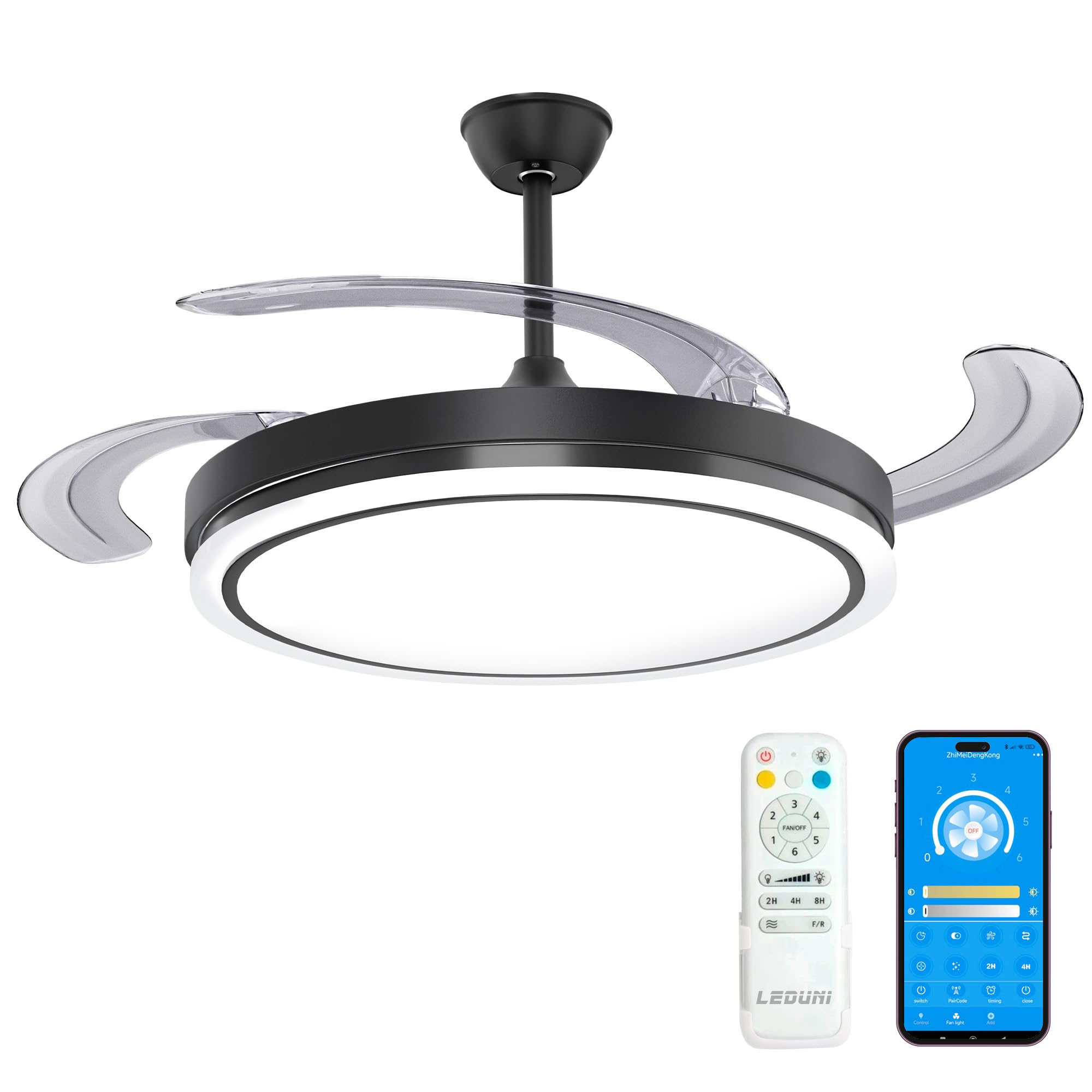 Ventilador de Techo LED con Aspas Retráctiles Control Remoto,66W 30W Motor DC+36W Luz 2880LM Luz Integrada, Color Blanco CCT 3000-4000-6000K Funcion verano-invierno (Negro Liso)