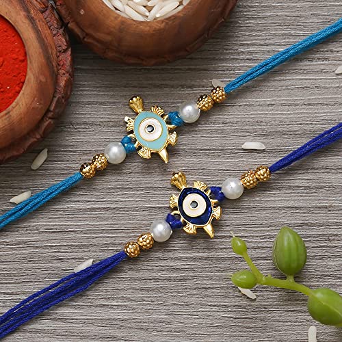 Image of eCraftIndia Set of 2 Good Luck Evil Eye Designer Rakhis, Best Bro Ever Fridge Magnet with Roli Chawal Pack - Rakhis for Brothers