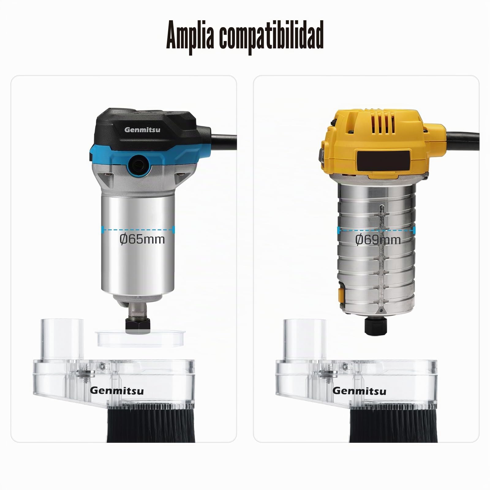 Genmitsu CNC Zapata para polvo para máquinas CNC Motor de husillo/enrutador compacto con un diámetro neto de 65 mm/69 mm, adaptador de manguera de diámetro exterior 38 mm, transparente