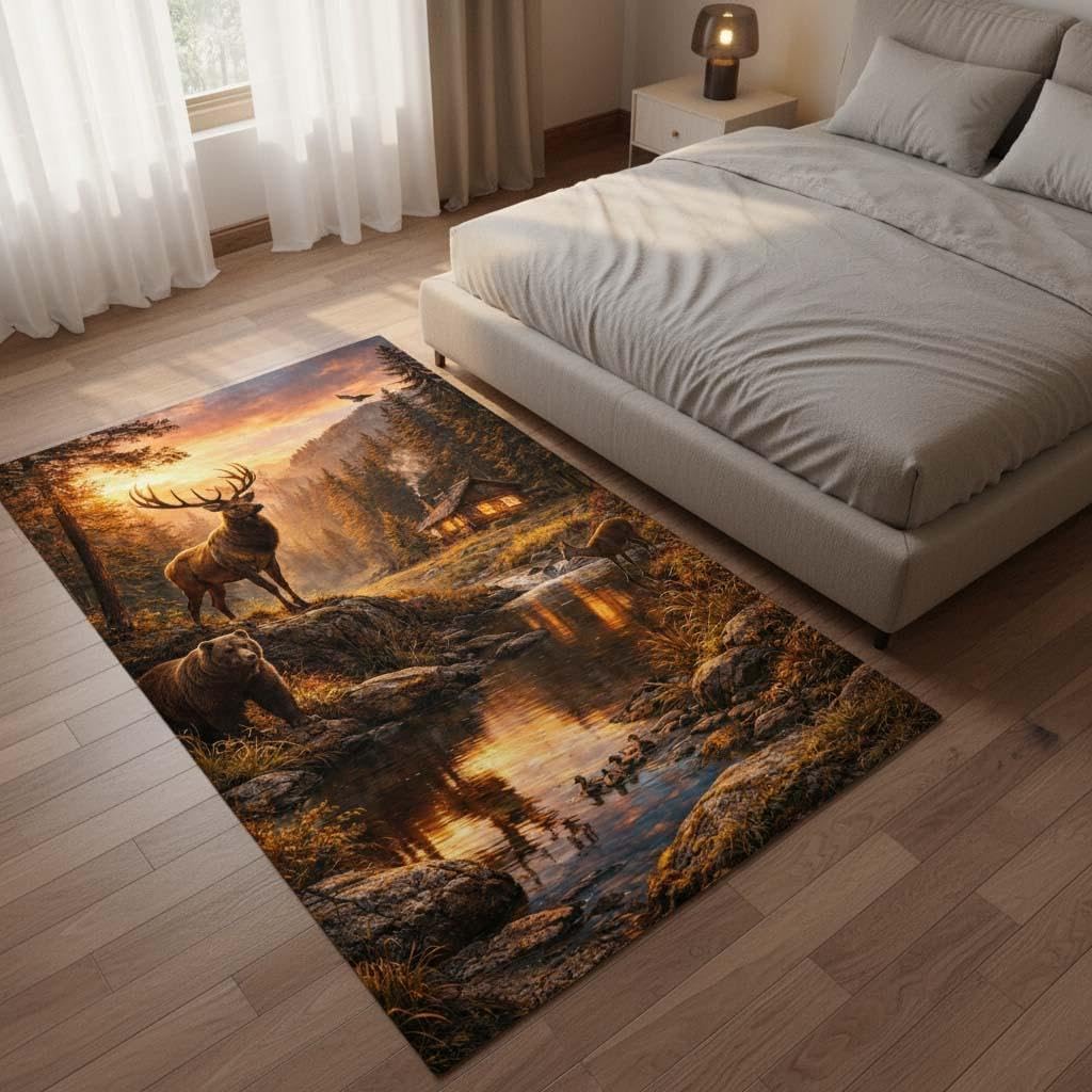 Mountain Cabin Wildlife Area Rug – 2'x3' Rustic Deer Bear Forest Lodge Decor, Non-Slip Washable Carpet for Living Room, Retreat & Farmhouse