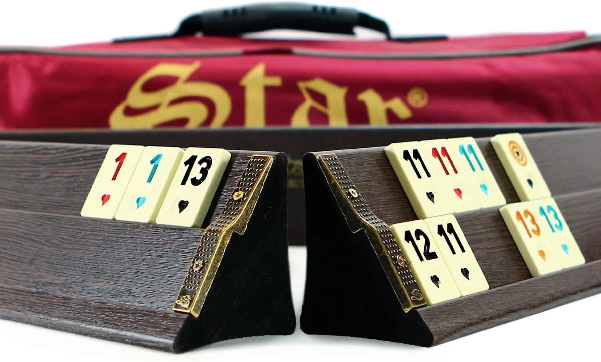 Semus Premium Holz Rummy/Okey Set – Dunkles Ahsap Okey Takimi mit handbemalten Melamin-Steinen, 104 Spielsteine, 2 Joker, 4 Aufsteller, Würfel, Tragetasche & Zubehör