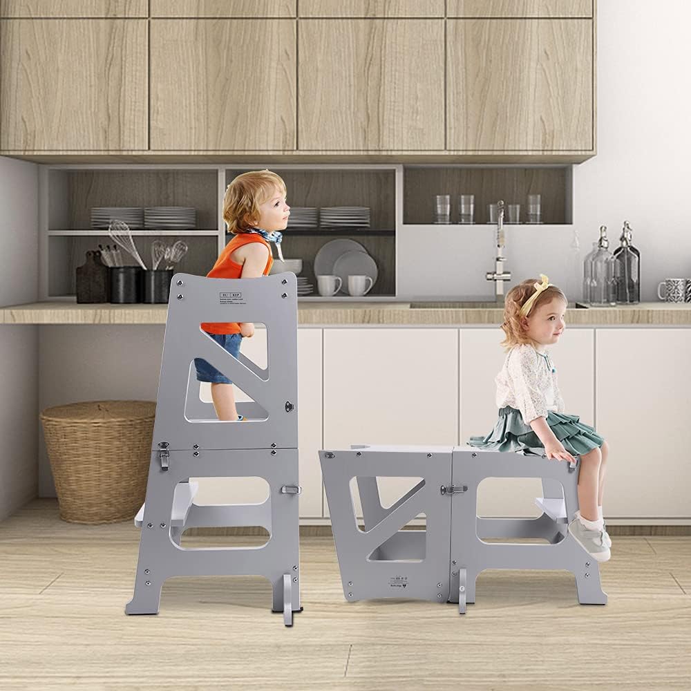 YOLEO Lernturm ab 1 Jahr, 3 in 1 Learning Tower für Kinder, Klappbare Tritthocker mit Rausfallschutz, mit doppelseitiger magnetischer Tafel, Küchen-/Badezimmerhelfer (Grau)
