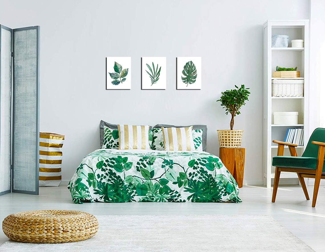 Green Leaf Wall Art Canvas Pictures Wall Decor Simple Life Botanical Canvas Painting Prints 12" x 16" x 3 Pieces Framed Watercolor Canvas Artwork Ready to Hang for Bathroom Bedroom Living Room Office Kitchen Decoration