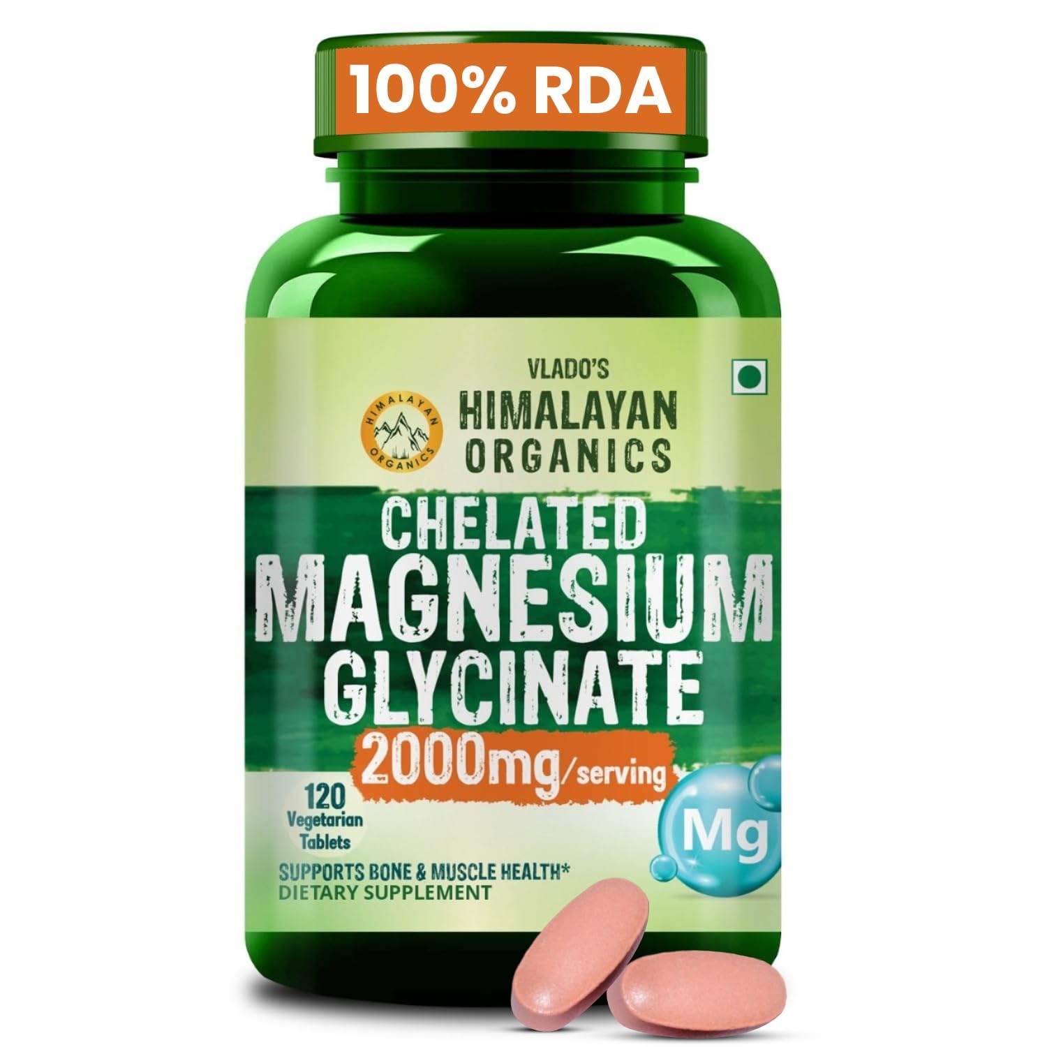 Vlado's Himalayan Organics Chelated Magnesium Glycinate Supplement 2000mg for Men & Women | Magnesium Supplement for Muscle Recovery & Better Sleep I Clinically Proven I For Sleep, Mood, Metabolism, Brain, Heart, Bone - 120 Veg Tablets