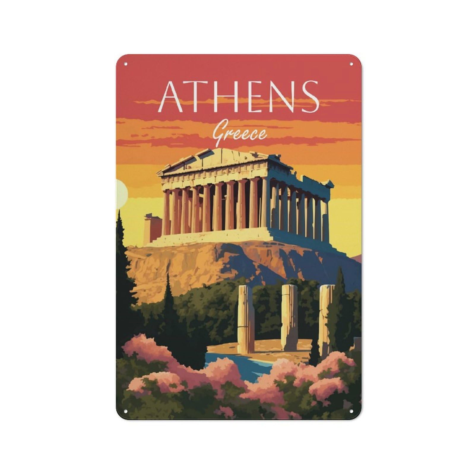Junmoney Style-8 Athens, Greece Sunset Rustic Metal Sign 30X20cm For Garden Room Or Summerhouse, For Themed Interiors In Garden Rooms And Summerhouses