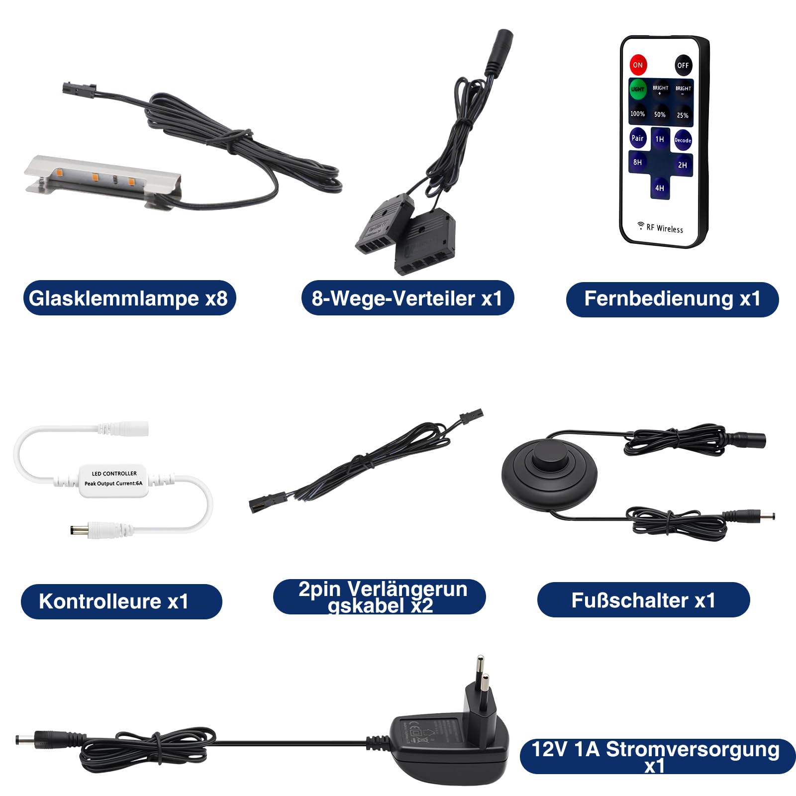 Glaskantenbeleuchtung LED Vitrinenbeleuchtung LED mit Fußschalter und RF-Fernbedienung,Clips Warmweiß Glaskantenbeleuchtung Dimmbar für Glasvitrine, Vitrinen, Regale, Tisch, Displays 8er Set