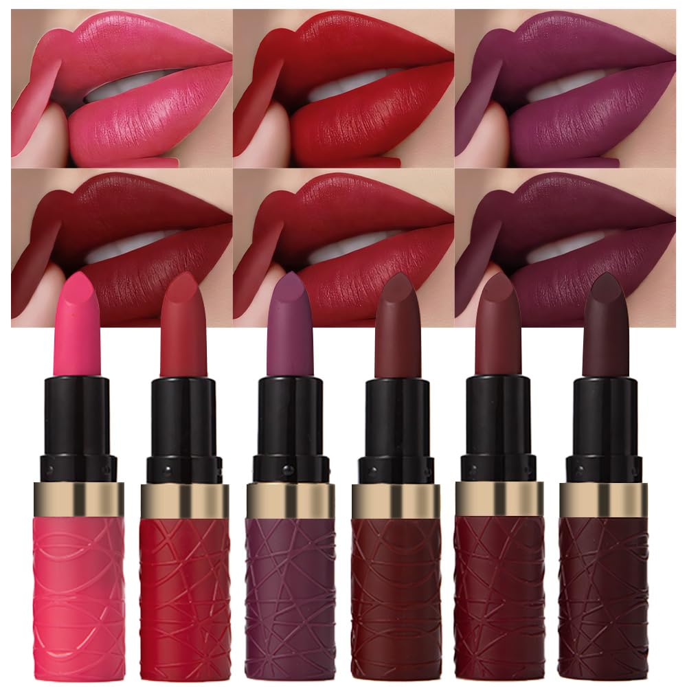 6Pcs Pink Dark Ruby Wine Red Plum Purple Matte Lipstick Sets for Women Velvet Lipstick Long Lasting Waterproof 24 Hours Lip Stick Stain Makeup Gift Set labiales mate 24 horas originales B