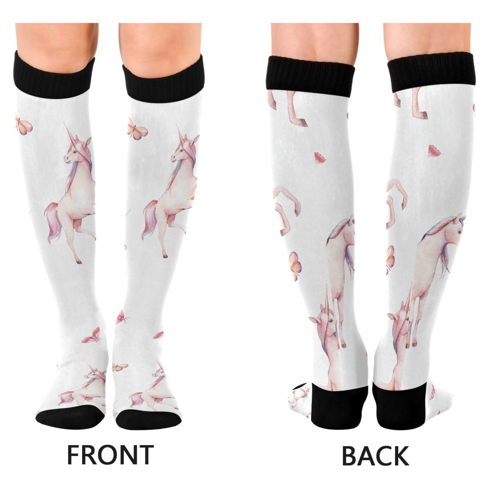 Dussdil Pink Unicorn Pony Butterfly Compression Socks for Women Men Circulation Long Knee Sock for Sport Gym Running Stockings