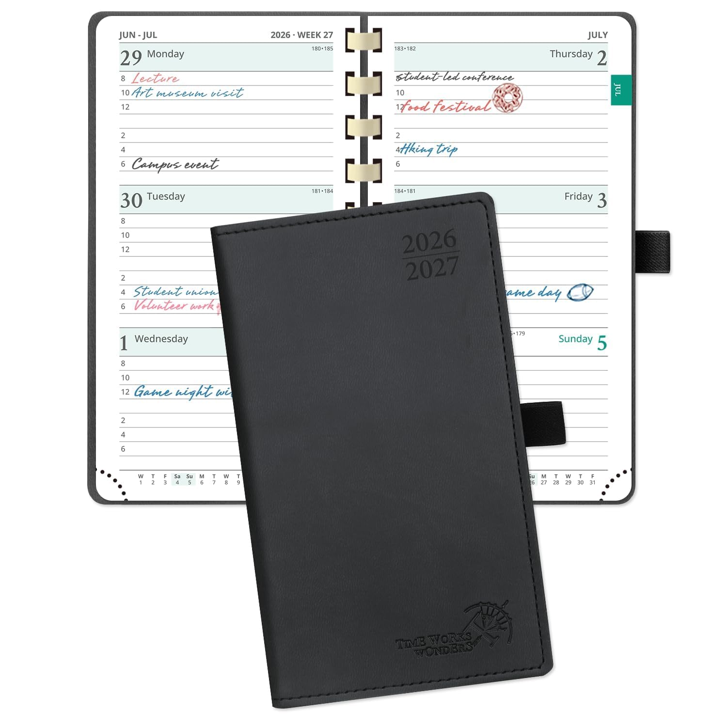 POPRUN Pocket Planner 2026-2027 (Slim Size 3.5'' x 6.5'') Academic Purse Calendar (July 2026 - June 2027) with Hourly Time Slots, 100GSM Thick Paper, Spiral Soft Cover - Black