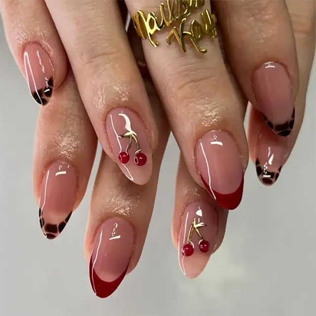 Red Press On Nails: 24Pcs Short Almond French Tip with Cherry Design