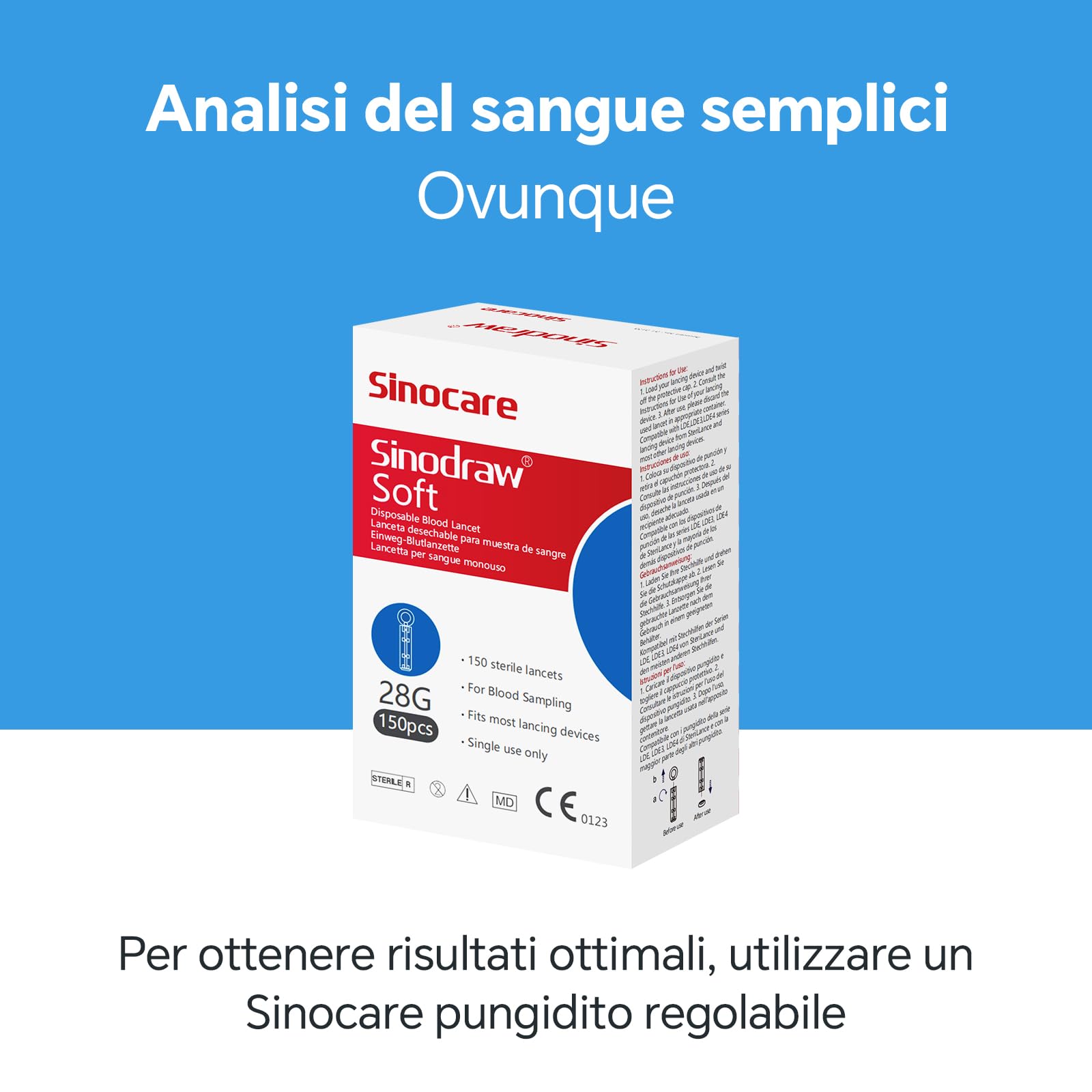 Sinocare Lancette per Glicemia, Aghi per Glicemia 28G dolore basso (150 Pz)