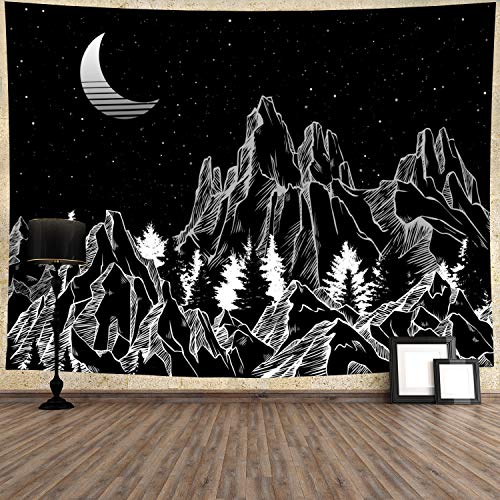 Mountain Tapestry Moon Tapestry Forest Trees Tapestry Starry Night Sky Tapestry Black
