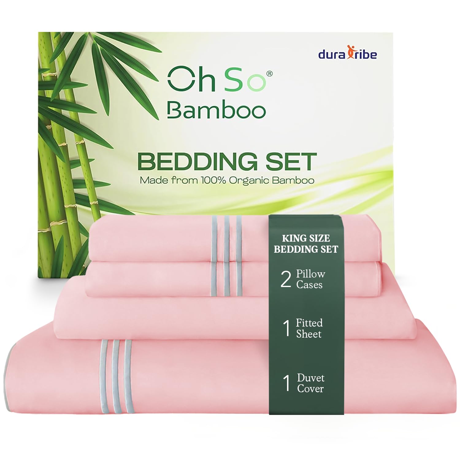 DURA TRIBE Oh So Bamboo Bedding Set 4 Piece King - Rose Quartz - Hypoallergenic Duvet Cover, Fitted Sheet & 2 Pillowcase Made from 100% Organic Bamboo Viscose Cooling Silky-Soft & Smooth Material