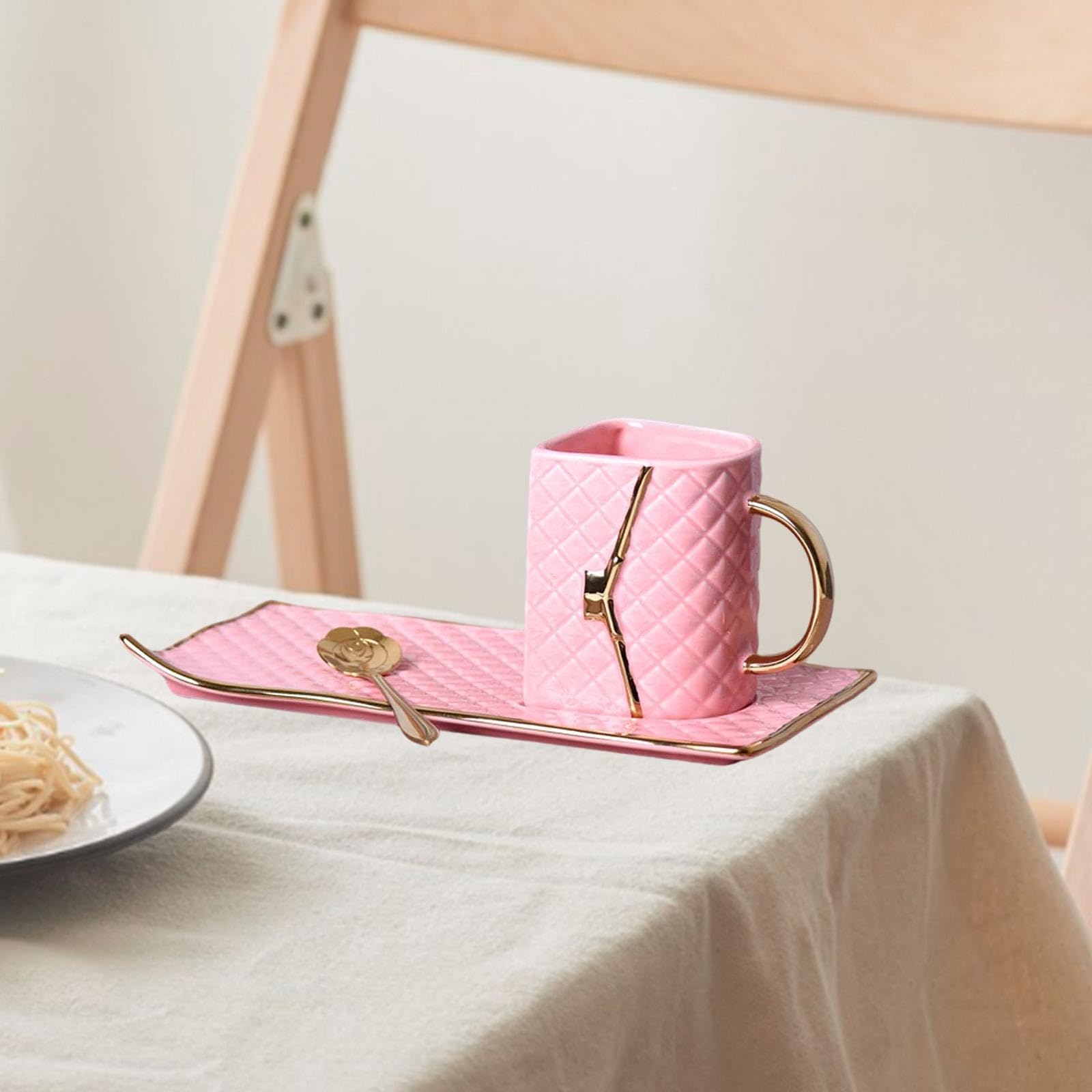 Tazza da con Manico Tazza Ceramica Riutilizzabile con Design E Cucchiaio per Colazione Bevande Calde E Fredde Adatta a, Rosa