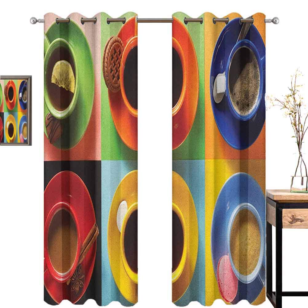 Kitchen 100% Blackout Lining Curtain Cups of Coffee Tea Hot Chocolate on Colorful Background with Tasty Deserts Biscuits Full Shading Treatment Kitchen Insulation Curtain W84 x L84 Inch Multicolor