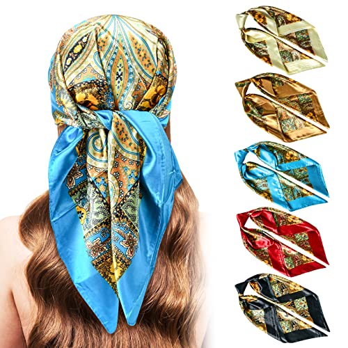 Stlvoll 5PCS Large Satin Head Scarves - Silk Square Like Neck Scarf Hair Wraps Headscarf for Sleeping Head Scarf Bundle 35 in