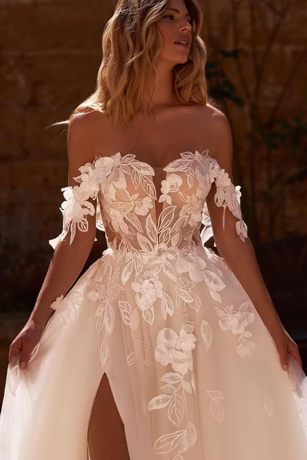Damen Boho Beach Spitzenapplikationen Brautkleider Lang Braut Hochzeitskleider Prinzessin V-Ausschnitt Standesamt Brautkleid
