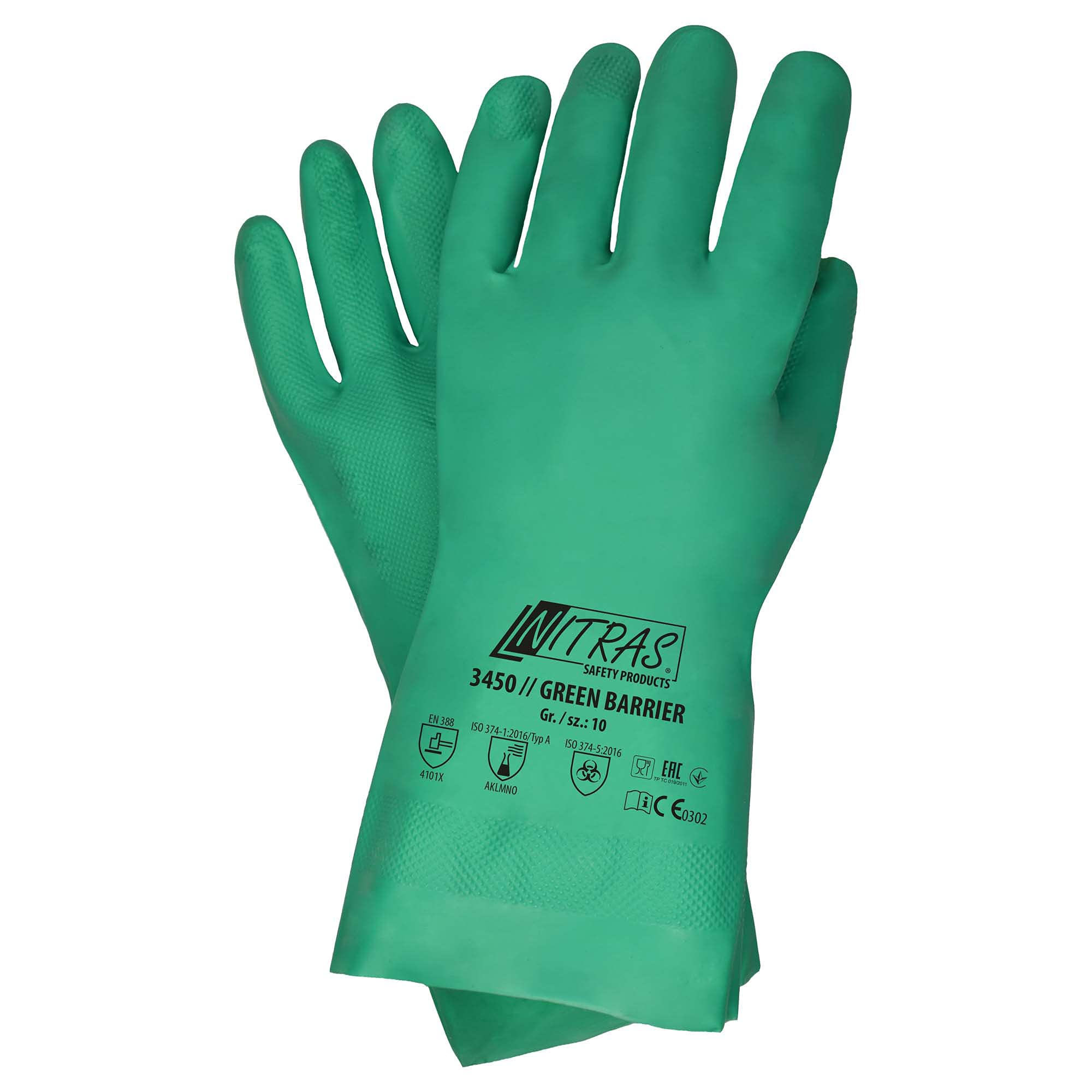 Nitras 3450 Green Barrier - 12 Paia Guanti da Lavoro Lunghi Nitrile - Protezione da Sostanze Chimiche - Guanti Pulizie - Verde - L