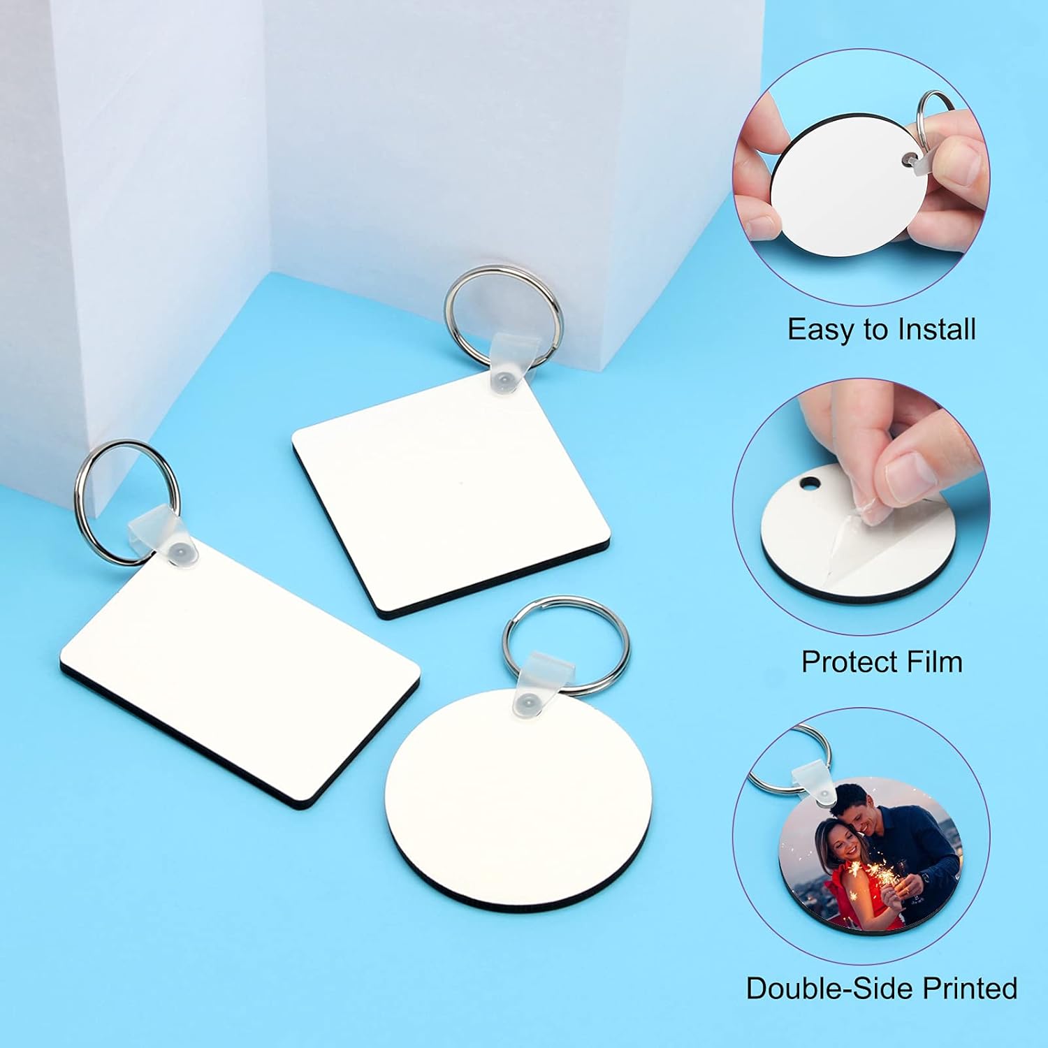Coolrunner Sublimation Blank Keychain 30PCS Heat Transfer Double-Side Printed DIY MDF Blank Keychain (Square, Round, Rectangle) - Image 3