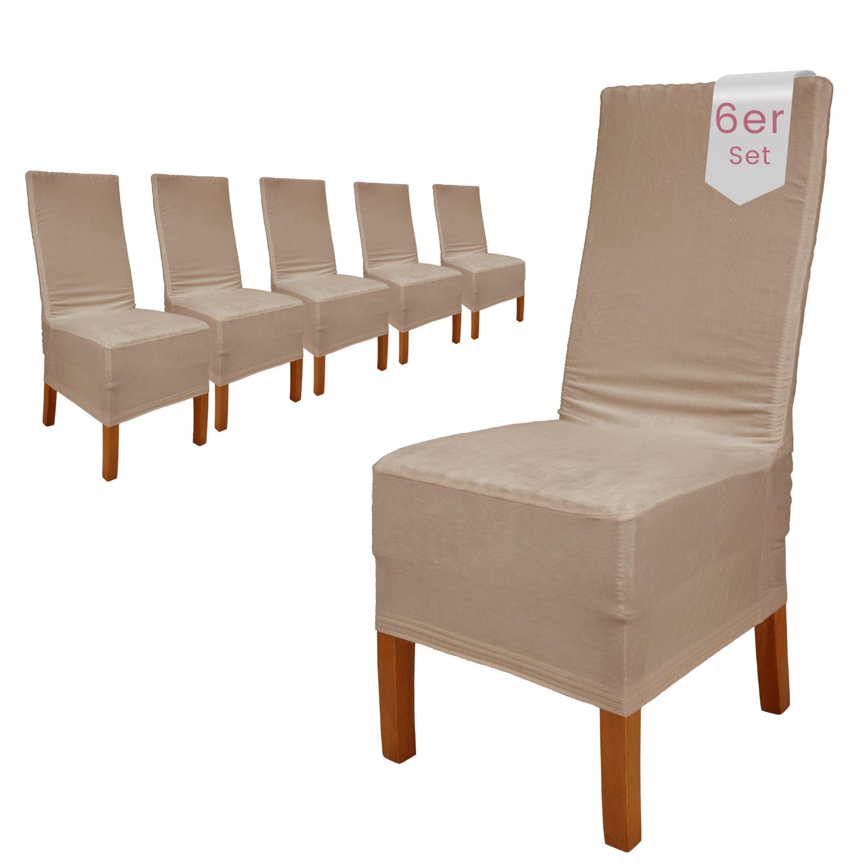 Scheffler Home Stuhlhussen Samt Stein-Beige 6er Set Puma | Weiche Velours-Stuhlbezüge, elastisch und waschbar, für Hochlehner, Polsterstühle und Esszimmerstühle