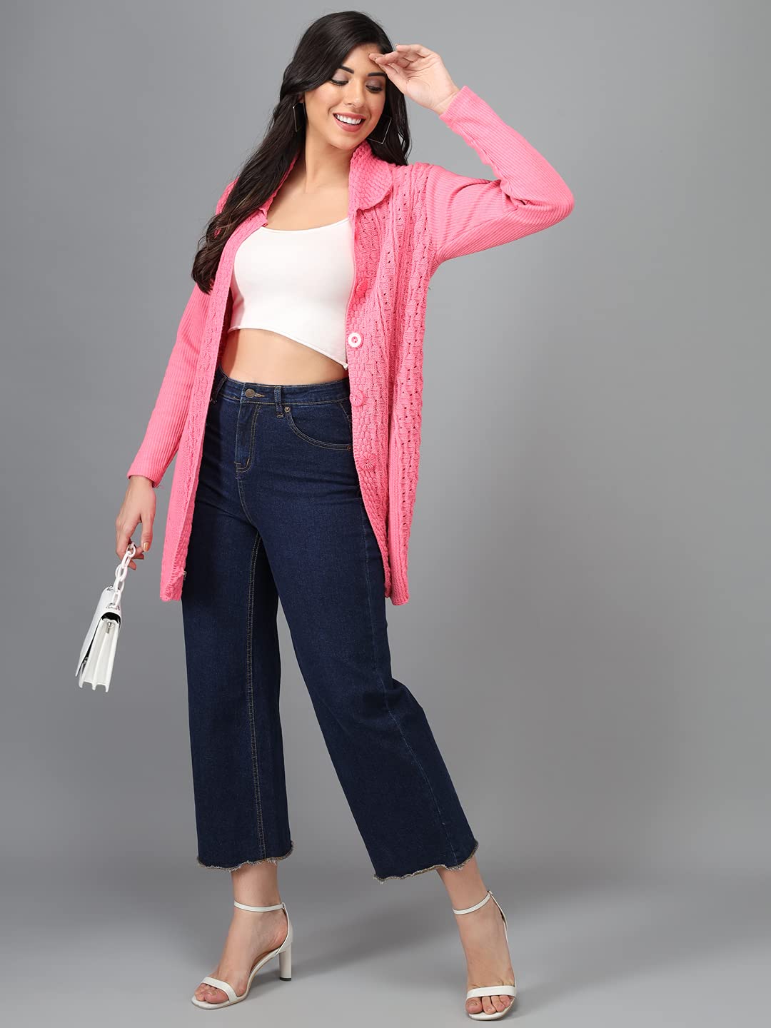 eKools Women's Wool Blend Banded Collar Cardigans (Coat8-M-Pink Pink_M) - Image 6 thumbnail